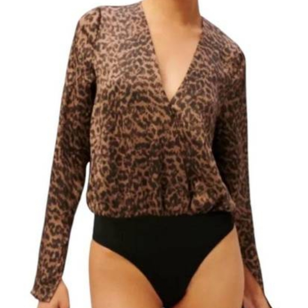 Good American Sepia Leopard Faux Wrap Bodysuit Brown Black size 1 or small